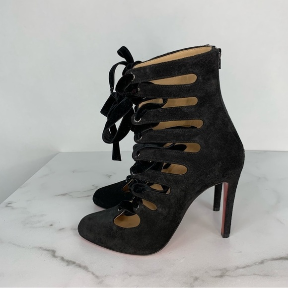 Christian Louboutin Spinetita Velvet Cage Lace-Up Suede Leather Booties Heels - Picture 11 of 16